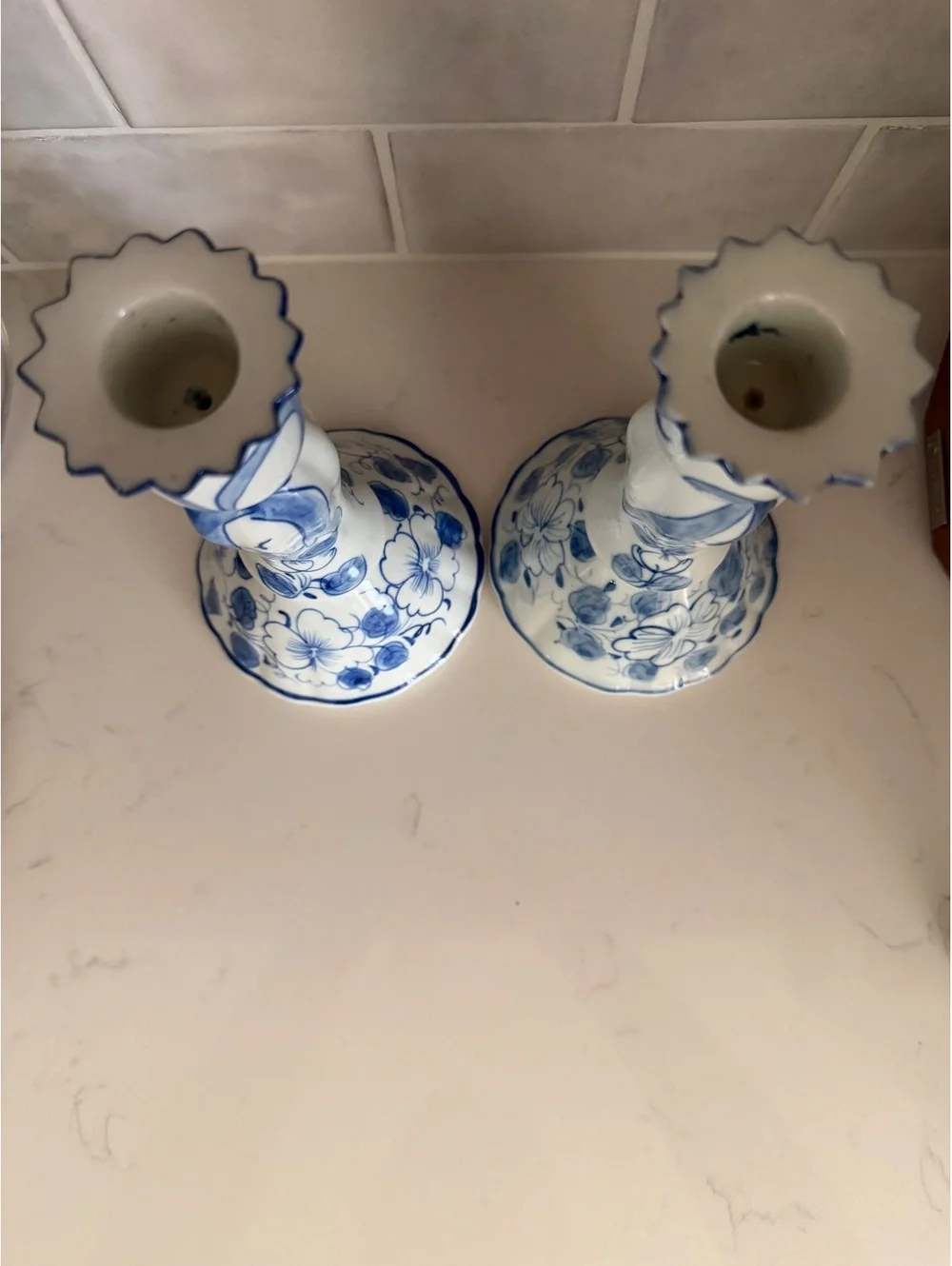 Vintage blue and white cottagecore farmhouse granny floral bow candle stick pair